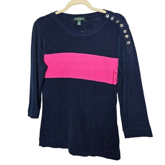 Lauren Jeans Co. Ralph Lauren Navy Pink Striped Button Shoulder Sweater Top‎ L - Picture 1 of 8